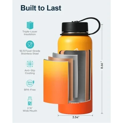 Buzio Duet Series Water Bottle with 2 Lids and Sleeve 1.2L - Yellow Orange